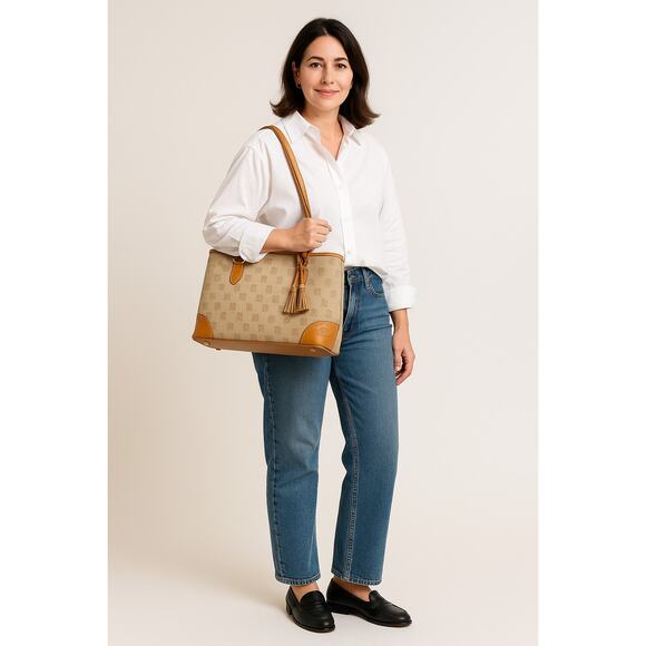 Y2K Dooney Monogram Canvas Tote | Preppy Neutral Shoulder Bag with Leather Trim - Picture 7 of 16